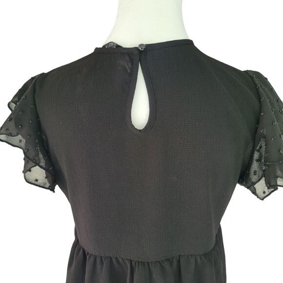Shein Black Floral Embroidery Mesh Top Shirt Ruffle Sleeve  Blouse Size Small - Picture 6 of 8